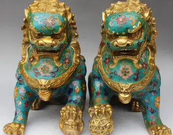 11-Дюймовая китайская Перегородчатая эмаль Фэншуй, Позолоченная Пара животных Foo Fu Dogs Lion Львы