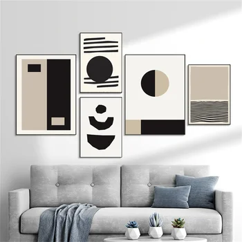 Абстрактный геометрический настенный художественный плакат, бежевый, черный рисунок, цветной блок, холст, живопись, современные картины, декор в гостиную