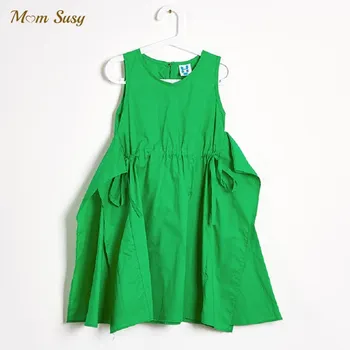 Модное хлопковое зеленое платье для маленьких девочек без рукавов, Летнее платье для малышей-подростков, детское платье с завязками на талии, детская одежда от 1 до 14 лет