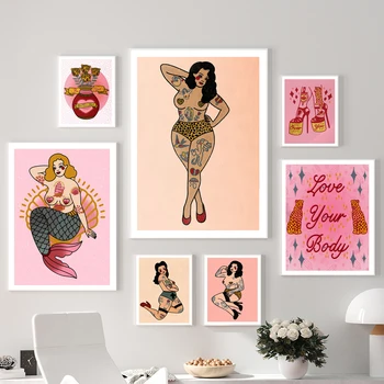 Розовая девушка-леопард, феминистка, Русалка, ретро настенное искусство, холст, живопись, плакаты на скандинавскую тему и принты, настенные панно для декора гостиной