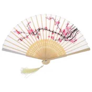 Старинный Китайский Складной Ручной Веер Японский Цветок Сливы С Кисточкой Шелковый Бамбуковый веер