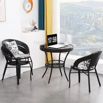 Комбинация стола и стула на балконе, Ротанговый стул из трех частей, Маленький чайный столик, журнальный столик, кресло для отдыха на открытом воздухе со спинкой