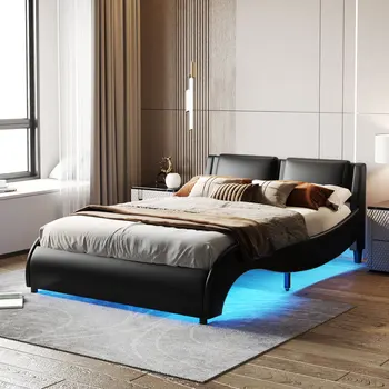 Кровать-платформа с обивкой из искусственной кожи размера Queen Size со светодиодной подсветкой, каркас кровати с рейками