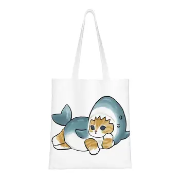 Сумка для покупок с кошачьей акулой, милая холщовая сумка для покупок с принтом, большая вместительная портативная сумка с мультяшными Манга-животными.