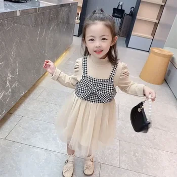 Корейские комплекты платьев для маленьких девочек, Новое модное платье-жилет с бантом для вечеринки принцессы + Нижняя рубашка, сетчатый детский костюм для вечеринки, платья для маленьких девочек