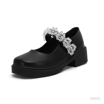 Женские туфли в стиле Лолиты, женские винтажные туфли на платформе с мягким средним каблуком, студенческие туфли Мэри Джейн бежевого цвета