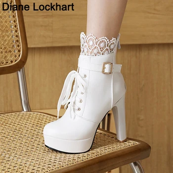 Модные женские пинетки на платформе Белые ботильоны на тонком высоком каблуке Женские ботинки на шнуровке Милая осенне-зимняя обувь Большого размера 41