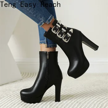 Новые модные женские ботинки, Пикантные черные ботинки на массивном каблуке с металлическими пуговицами, женские ботильоны на толстом каблуке, осенний размер 35-43