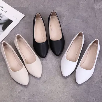 2023 Весенние женские туфли на плоской подошве Без застежки Балетки Белые Свадебные туфли С острым носком Удобная обувь для бабушки-лодочки