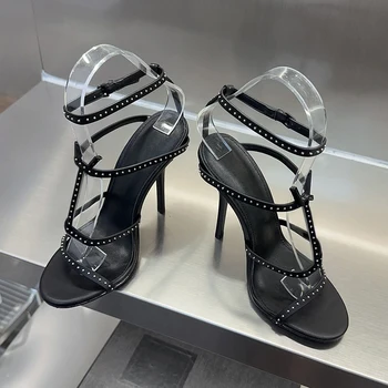 Лето 2023, Новая коллекция, Кожаные сандалии, Высококачественная Черная женская обувь, Элегантные Роскошные Модельные босоножки на каблуках