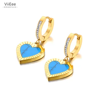 ViiEee Модные серьги-кольца с бирюзовым сердечком из нержавеющей стали, классические свадебные серьги со стразами, ювелирные изделия для женщин VE22065