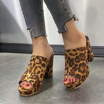 Женская модная обувь на платформе с открытым носком с леопардовым принтом, Летняя замшевая клубная обувь на высоком каблуке, Женские босоножки на квадратном каблуке, Повседневная уличная одежда