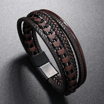 Кожаный браслет для мужчин, многослойный плетеный браслет из кожаной веревки, браслет из кожаной веревки, браслет с магнитной пряжкой из титановой стали