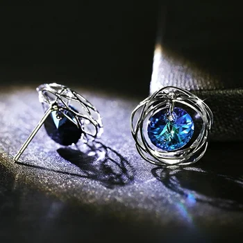 Серебристый цвет, Круглые висячие серьги из Австрийского хрусталя, свадебные серьги с голубым кристаллом, ювелирные изделия для помолвки, подарок для женщин