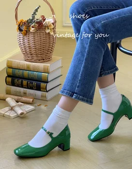 Женские туфли-лодочки из коровьей лакированной кожи 4,5 см, весенняя осенняя обувь Mary Jane во французском стиле, женские зеленые туфли с элегантной пряжкой в стиле ретро