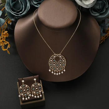 Элегантное женское модное ожерелье и серьги с круглым дизайном в арабском стиле, Циркон, жемчужное ожерелье с кисточками, Ювелирный набор