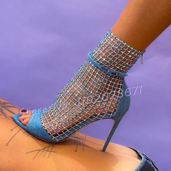 Синие джинсовые сандалии с кристаллами, женские тренды, летние босоножки на высоком каблуке из сверкающей сетки, милые женские туфли с открытым носком и ремешком