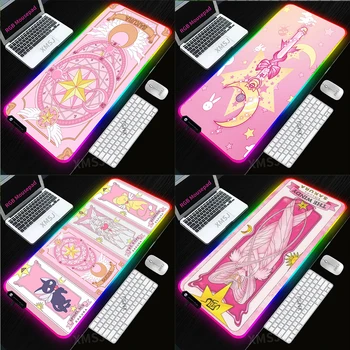 Розовая Волшебная палочка, коврик для мыши в стиле аниме, RGB Подсветка игровых аксессуаров, светодиодный Большой коврик для мыши с подсветкой Usb, клавиатура, игровой ПК, Игровой стол