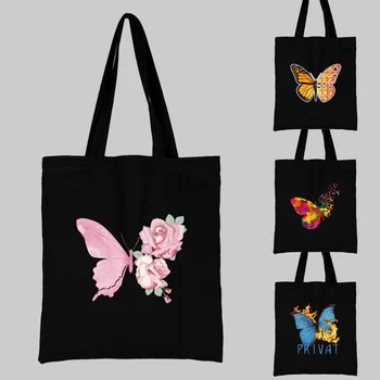 Сумка для покупок, сумка через плечо, складная многоразовая повседневная студенческая сумка с принтом бабочки, черная холщовая сумка для переноски