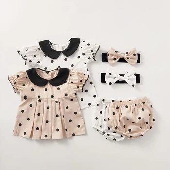 LILIGIRL/ Новый летний комплект детской одежды для малышей, топ с короткими рукавами в горошек + Шаровары + лента для волос Для маленьких девочек, Одежда для девочек из 3 предметов
