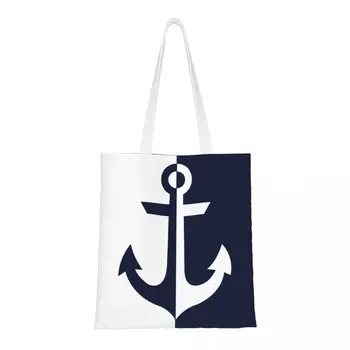 Изготовленные на заказ холщовые сумки для покупок в морском стиле белого и темно-синего цвета с якорями, женские многоразовые продуктовые сумки Navy Navigation Shopper
