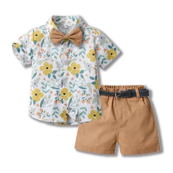 Летняя детская хлопковая рубашка с отворотом, кардиган с бантом, шорты с коротким рукавом, пояс, комплект одежды из 4 предметов для мальчиков, одежда от 3 до 8 лет