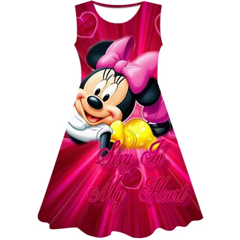 Платье для девочек с принтом в виде милой мышки Disney Minnie Mickey/ платье для девочек с принтом в виде милой Мышки 2023 года, летняя повседневная модная детская одежда, платье с Микки для девочек
