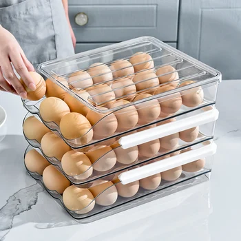 Ящик для хранения яиц с автоматической прокаткой, Выдвижной ящик для яиц в холодильнике, Экономия места, Штабелируемый многослойный ящик для хранения свежих яиц на кухне